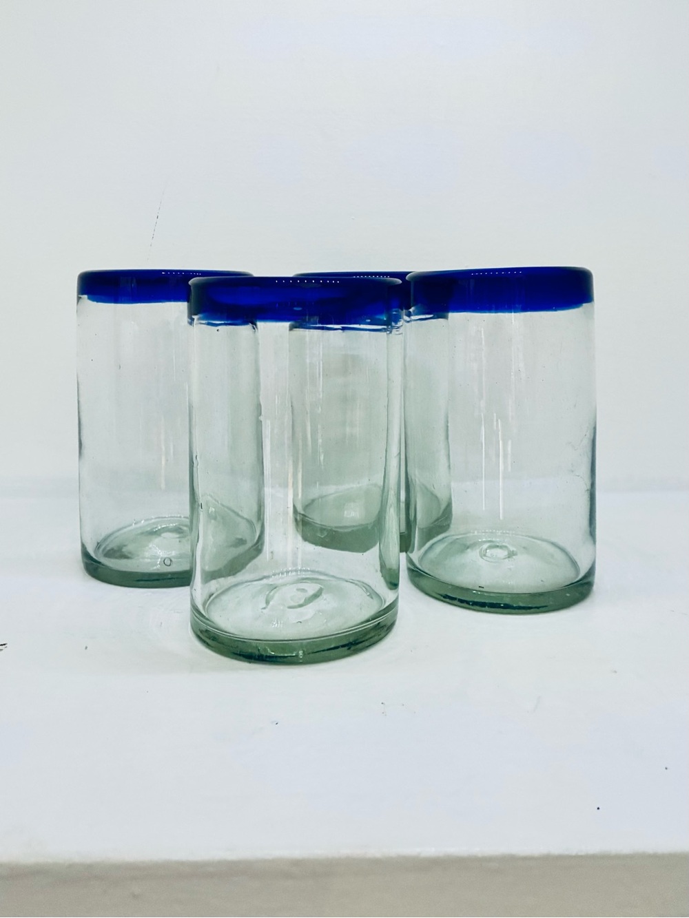 Set of 4 Mexican Blue Rimmed 14 oz Drinking Glasses, Recycled Glass Hand Blown